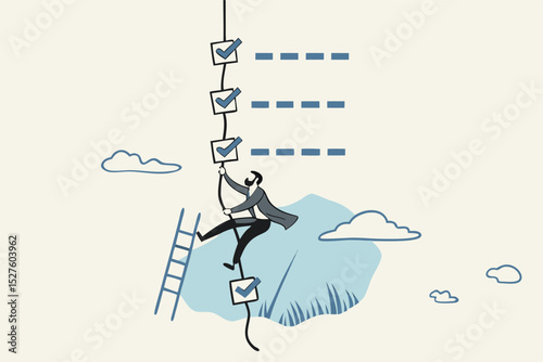 Finish checklist or todo list, tick checkmark or work completion, questionnaire or productivity checklist, survey form or success plan concept, businessman rope climbing on work check list completion.