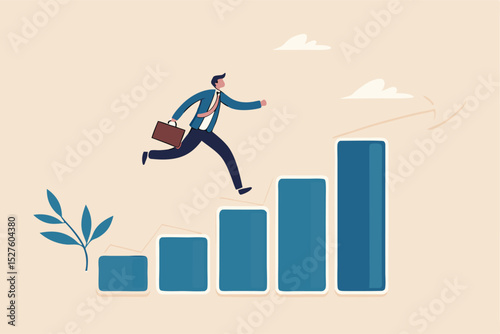 Progress or improvement to success, step forward to grow business, journey to achieve goal, ambition or career path concept, businessman walk up growth chart and graph with stair to success.