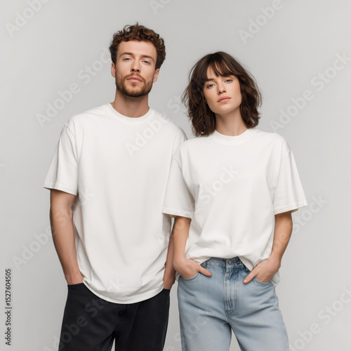 Young models, couple matching white t-shirt mockup. Woman and man, wife with husband, girlfriend and boy friend, adult brother and sister. Crewneck short sleeve tee mockup. Family holiday mockup