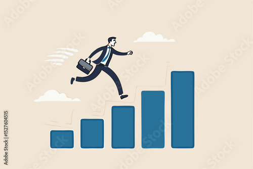 Progress or improvement to success, step forward to grow business, journey to achieve goal, ambition or career path concept, businessman walk up growth chart and graph with stair to success.