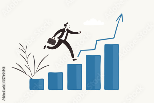 Progress or improvement to success, step forward to grow business, journey to achieve goal, ambition or career path concept, businessman walk up growth chart and graph with stair to success.
