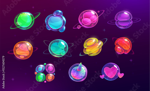 Colorful cartoon bubble planets with glossy textures on a dark space background. Bright, vibrant, fantasy orbs for games and cosmic designs. Cartoon vector illustration.