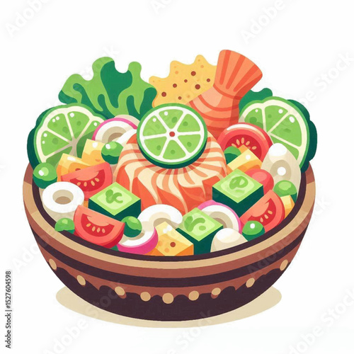 Bowl filled with food lime slice shrimp tomatoes onions avocado lettuce and tortilla chip