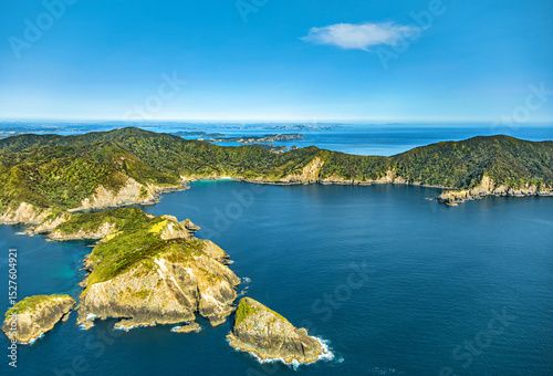 Aerial view of Te Rawhiti Inlet, North Island, New Zealand, Oceania.
