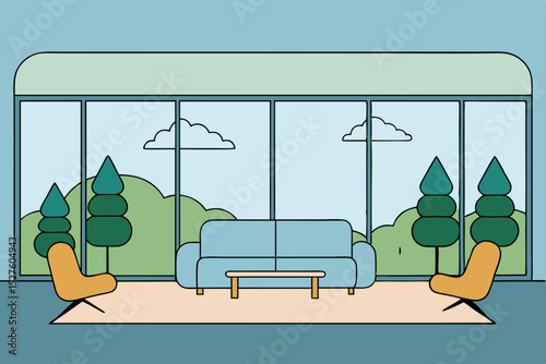 Modern Living Room Design Serene Landscape Views from Floor-to-Ceiling Windows