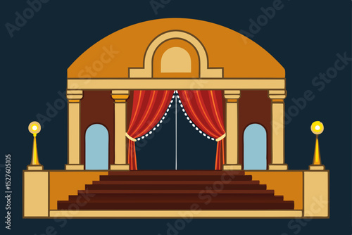 Grand Theater Entrance Majestic Architecture, Red Curtains, and Stage Design