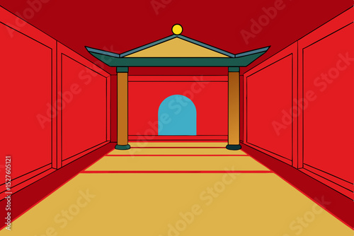 Red Corridor A Digital Painting of a Traditional Asian Architectural Design