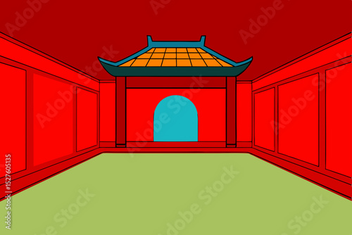 Vibrant Red and Teal Asian-Style Interior A Stunning Architectural Illustration