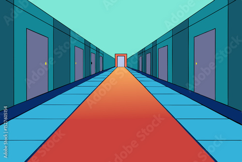 Abstract Hallway with Red Carpet A Journey of Endless Doors and Possibilities