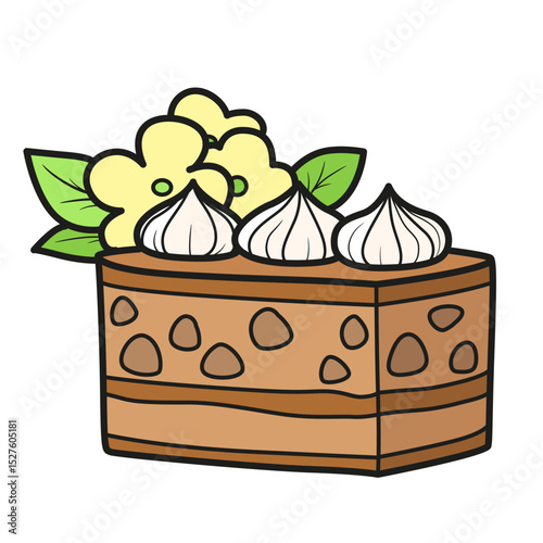 Big piece of  biscuit cake with  whipped cream on a white background