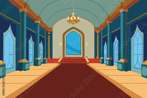 Grand Palace Interior Majestic Hallway with Archways and Red Carpet