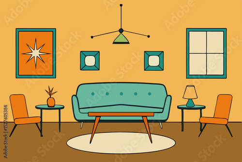 Mid-Century Modern Living Room Interior Design Retro Style Home Decor Illustration