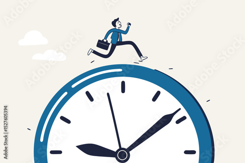 Time run out, deadline or hurry to go to the office late, urgency or determination to finish work fast, stressed or anxiety to complete work concept, hurry businessman run fast on time run out clock.
