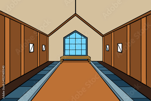 Serene Hallway Interior Design A Tranquil Space with Wooden Walls and a Large Window