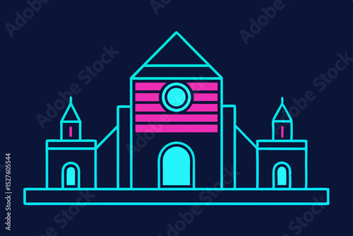 Neon Retro Castle Illustration Futuristic Medieval Architecture Design