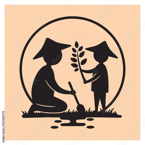 Farmers planting rice together in silhouette style symbolic of agriculture and cooperation