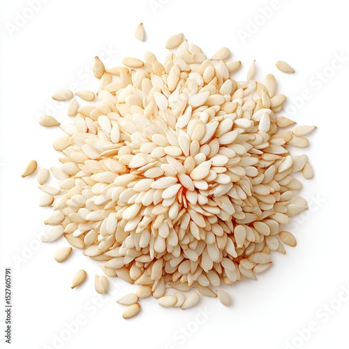 A small pile of fresh white sesame seeds sits isolated on a white surface.