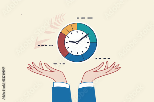Time management, project plan schedule, deadline or work efficiency, urgency or strategy to finish work in time, productivity or appointment concept, businessman hand holding pie chart with clock.