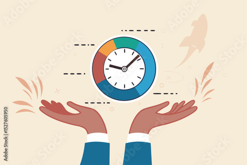 Time management, project plan schedule, deadline or work efficiency, urgency or strategy to finish work in time, productivity or appointment concept, businessman hand holding pie chart with clock.