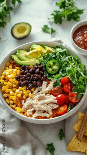 Colorful and nutritious salad bowl featuring chicken, black beans, corn, and fresh vegetables prepared in a cozy kitchen setting