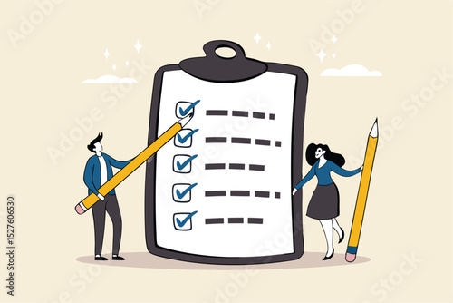 Task checklist, clipboard with to do list checkmark, task management to track work completion, accomplishment, survey or questionnaire concept, business people with pencil and checklist clipboard.