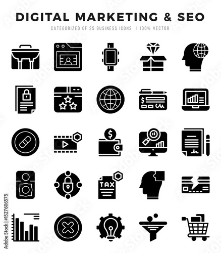 Set of 25 Digital Marketing & SEO Glyph Icons Pack.