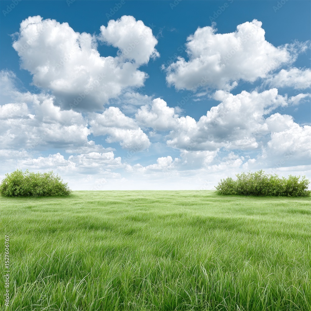 Obraz premium Green field stretches to meet the horizon under a bright blue cloudy sky.