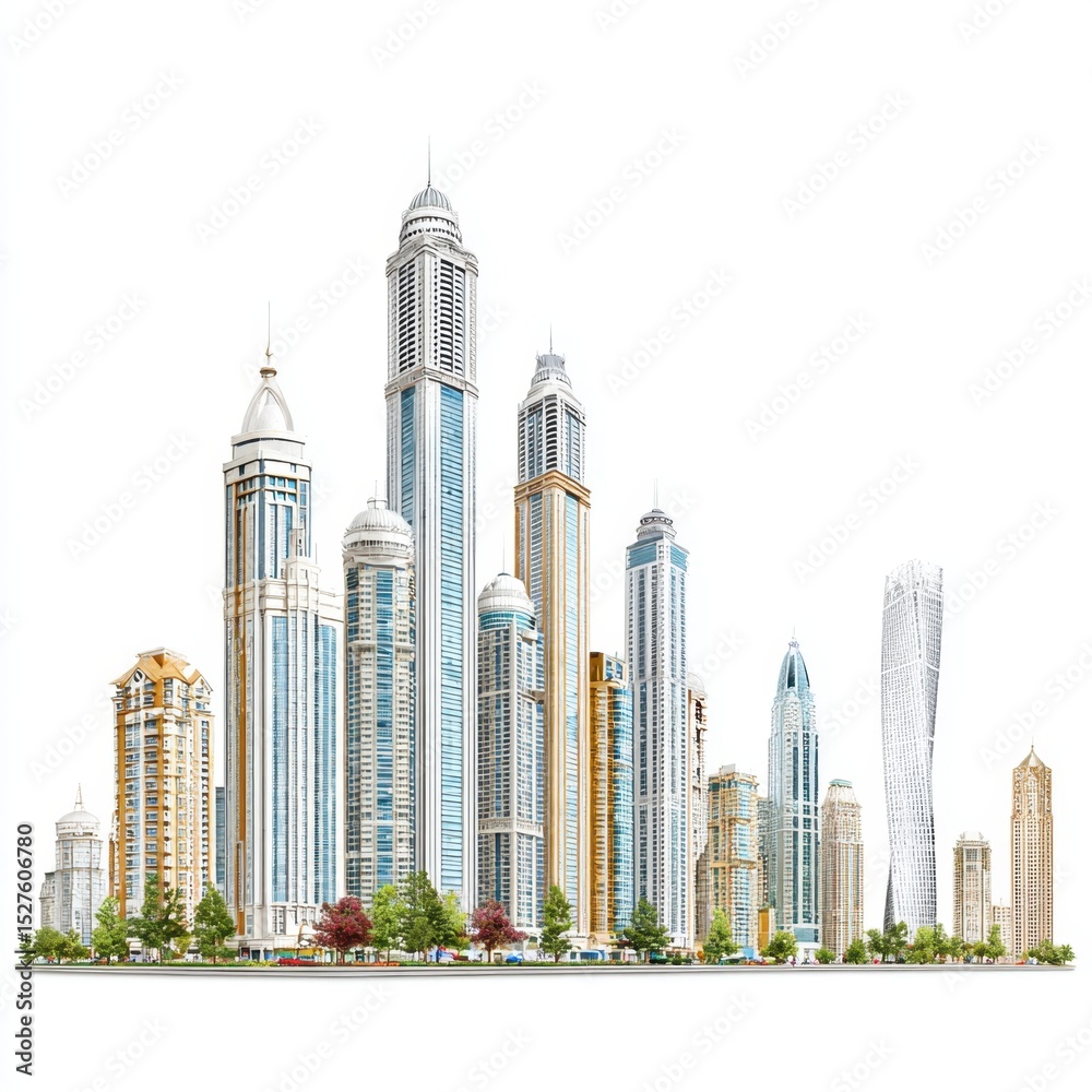 Naklejka premium Skyline of towe skyscrapers against a clean white bright isolated background.