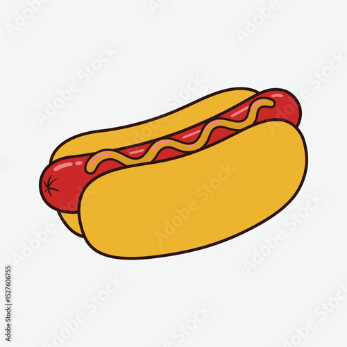 Bright cartoon hot dog with mustard on White background. Fun, bold, and vibrant food illustration perfect for posters, menus, or playful design projects.