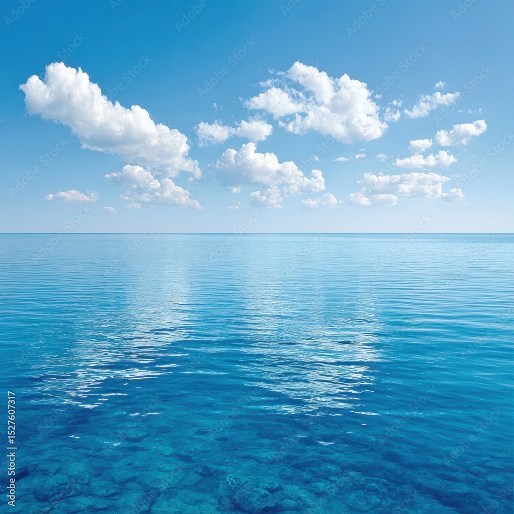 Obraz premium Bright blue ocean water shimmers beneath a vibrant sky with white clouds.