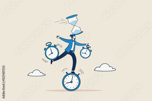 Time management or productivity addiction, work life balance or control work project time and schedule concept, smart businessman balancing all time pieces, sandglass, alarm clock, countdown timer.