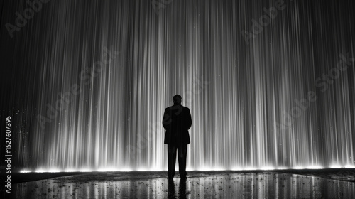 Contemplative silhouette of a person in front of cascading water curtain in monochrome setting, evoking emotions and reflections on the human experience