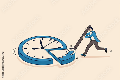 Time or attendance tracking system, analyze work efficiency in project management, productivity, workflow or effort, time spending to finish task concept, businessman cut clock in piece to analyze.