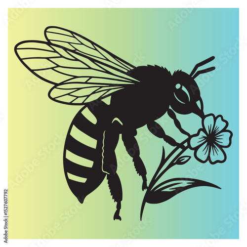 Silhouette of a honeybee collecting nectar from a flower against a gradient background