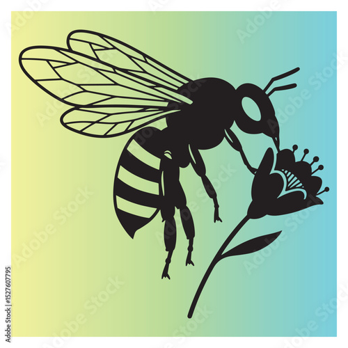 Silhouette of a honeybee gathering nectar from a flower on a gradient background