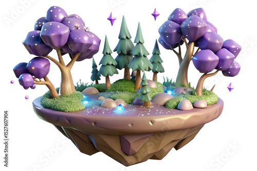 Enchanted floating island with purple trees and glowing lights