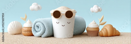 Cute beach-themed cup with sunglasses surrounded by pastries and towel in sand setting