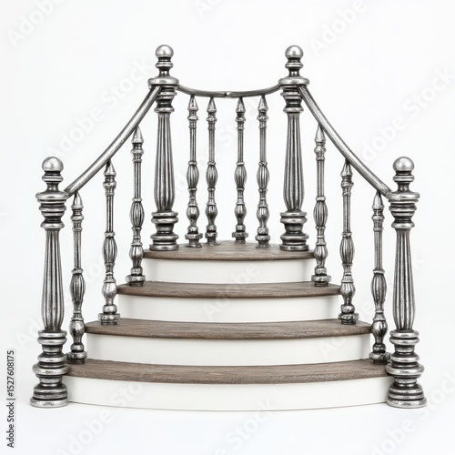 Ornate staircase model with silver metal railings curves upward elegantly.