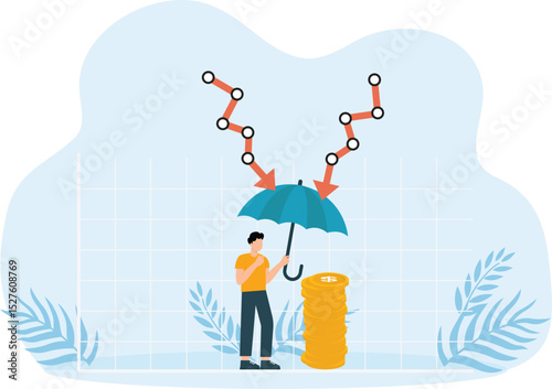 Financial crisis and Income protection, financial coverage and Wealth protection, investment asset allocation portfolio. money coins under umbrella concept
