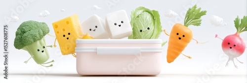 Cheerful cartoon vegetables and cheese jump above lunchbox