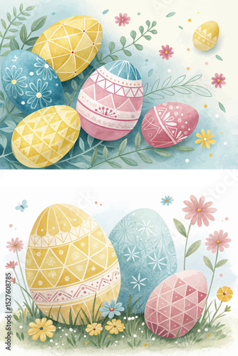 Bright watercolor illustration of Easter eggs with geometric patterns placed among spring flowers and leavesBright watercolor illustration of Easter eggs with geometric patterns placed among spring fl