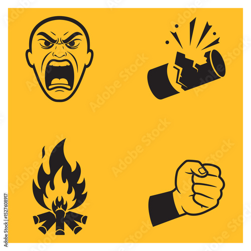 Symbolic illustrations of anger violence explosion fire and fist silhouetted on yellow background