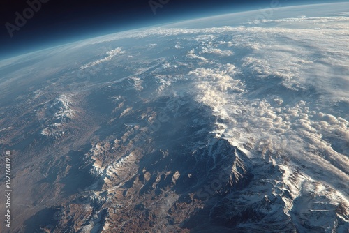 Breathtaking View of Snow-Capped Mountains from Space, Showing Detailed Topography and Atmospheric Haze on a Cloudless Day