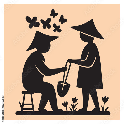Two figures gardening with butterflies and flowers in a minimalistic flat illustration