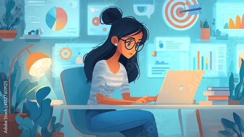online engagement digital marketing A young woman working on her laptop in a modern office environment, surrounded by charts and data displays, focusing on her tasks.