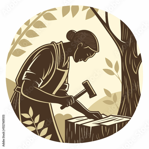 Artisan Woodworker Crafting with Hammer and Chisel