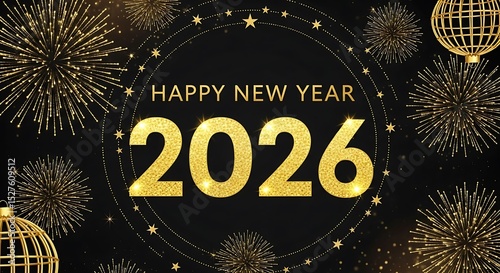 Elegant gold new year 2026 celebration with fireworks display