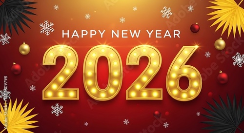 Festive happy new year 2026 golden light bulb text design