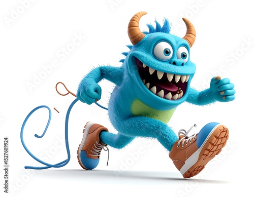 Playful Blue Cartoon Monster Running on White Background