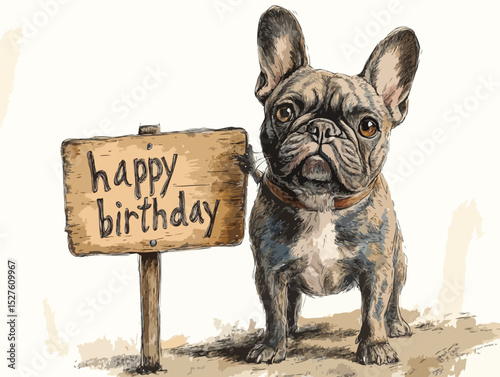 a french bulldog , holding a wooden road sign with "happy birthday" written on it